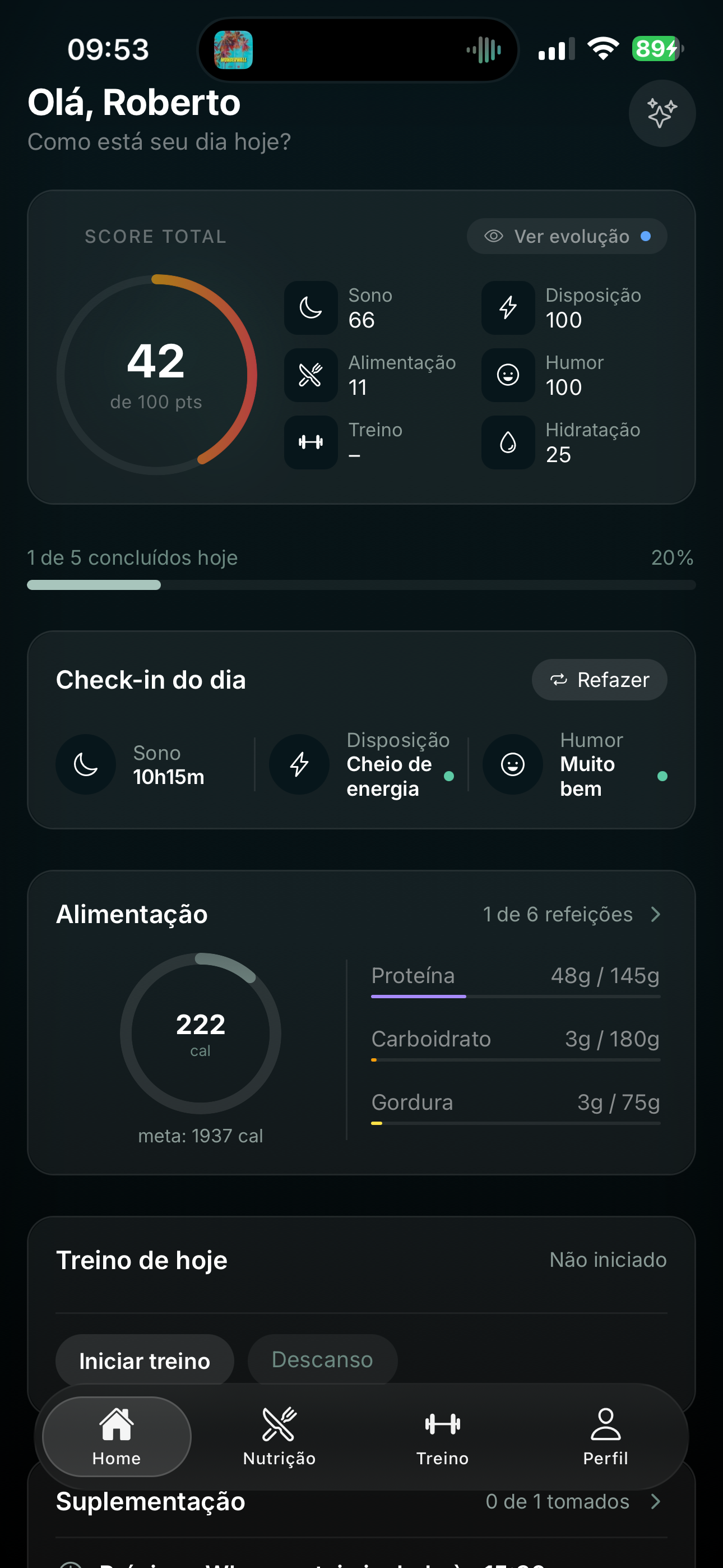 Tela inicial do Kora com score e cards do dia